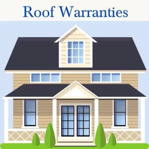 Illustration of a tan house with a front porch and dark gray roof with the words "Roof Warranties" over it.