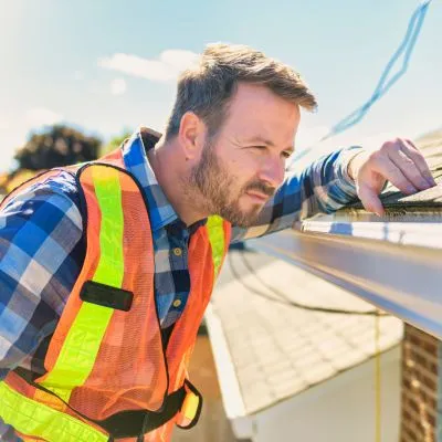 Roofing expert in a safety vest inspecting a gutter on a sunny day