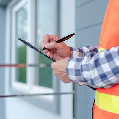 professional in a safety vest writing on a clipboard during a roof inspection near a modern home