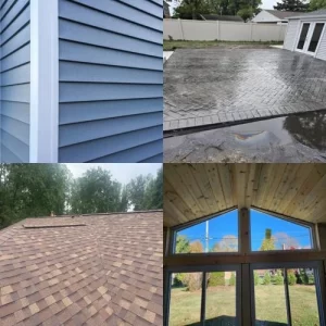 stitched image of a blue siding (top left corner), masonry patio (top right), roof shingles (bottom left), windows (bottom right) 