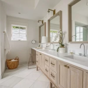 Bright bathroom featuring natural wood vanity, white countertops, and large window with natural light