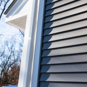 blue-vinyl-siding-winter-michigan-home Close-up of blue vinyl lap siding with white trim on Michigan home during winter season